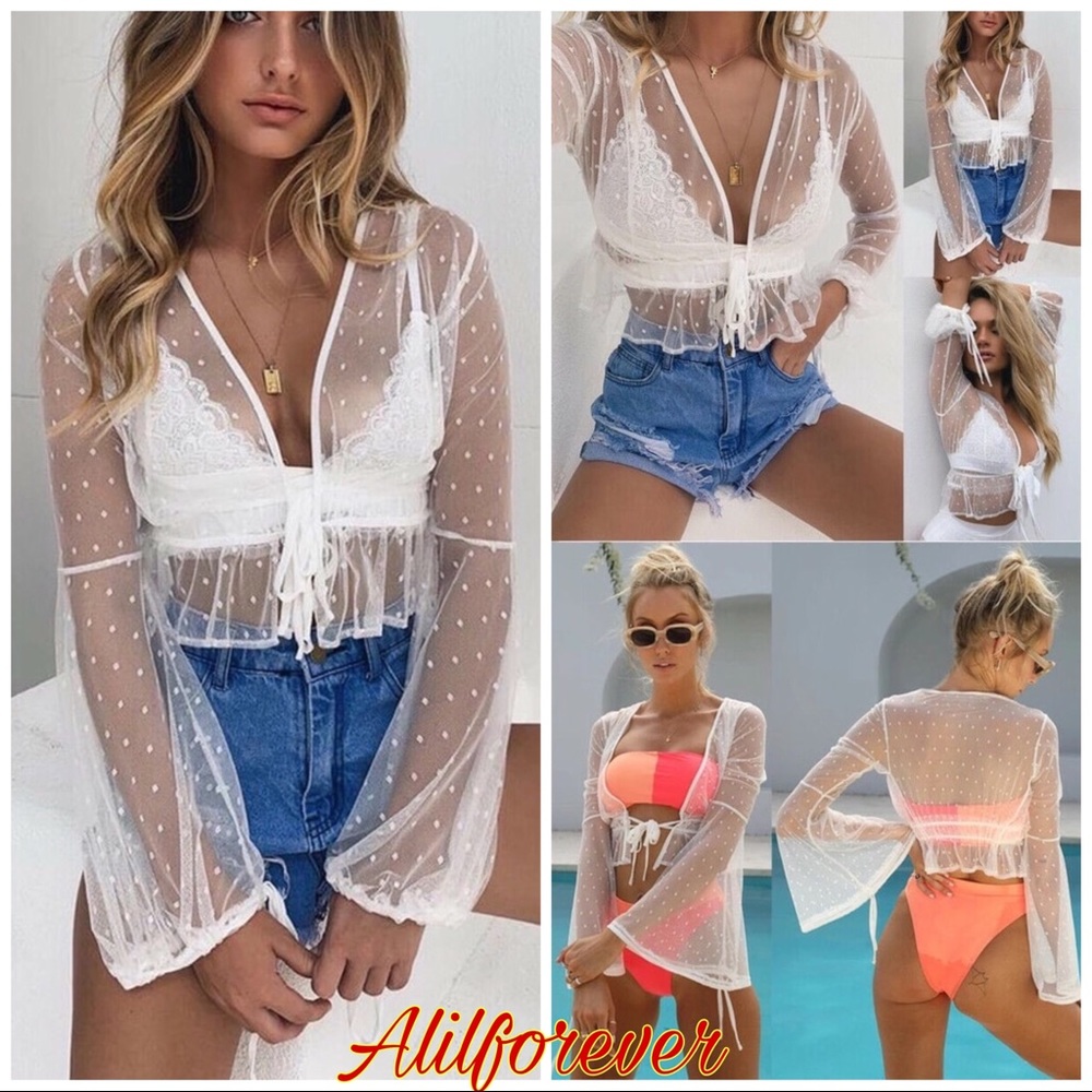 🦋White Mesh Lace Dots Shirt Cover Up Swimwear🥰 - Picture 7 of 7